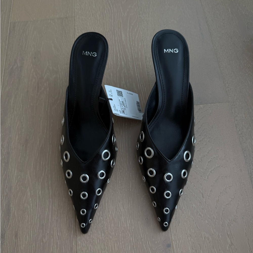 Mango Black Eyelet Women's Mules